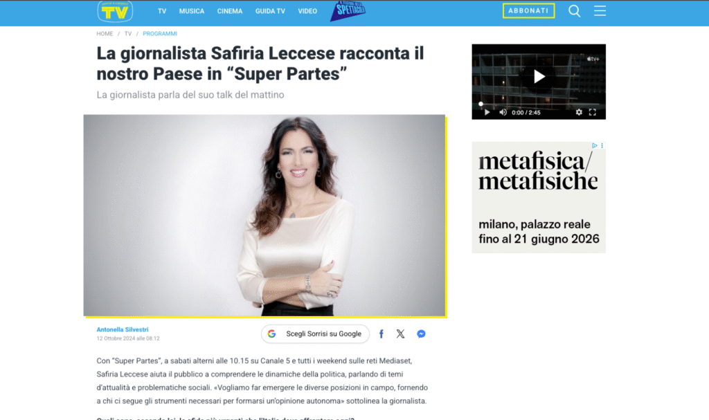 Articolo su Safiria Leccese TV sorrisi e canzoni roi speaker