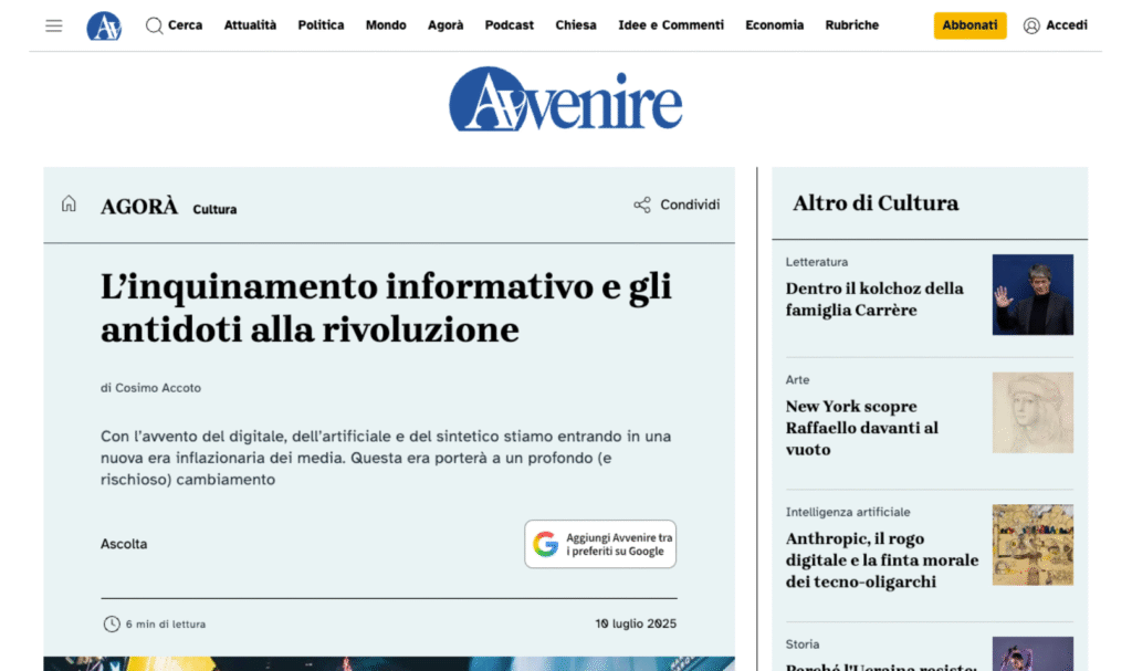 Articolo di Cosimo Accoto su Avvenire roi speaker